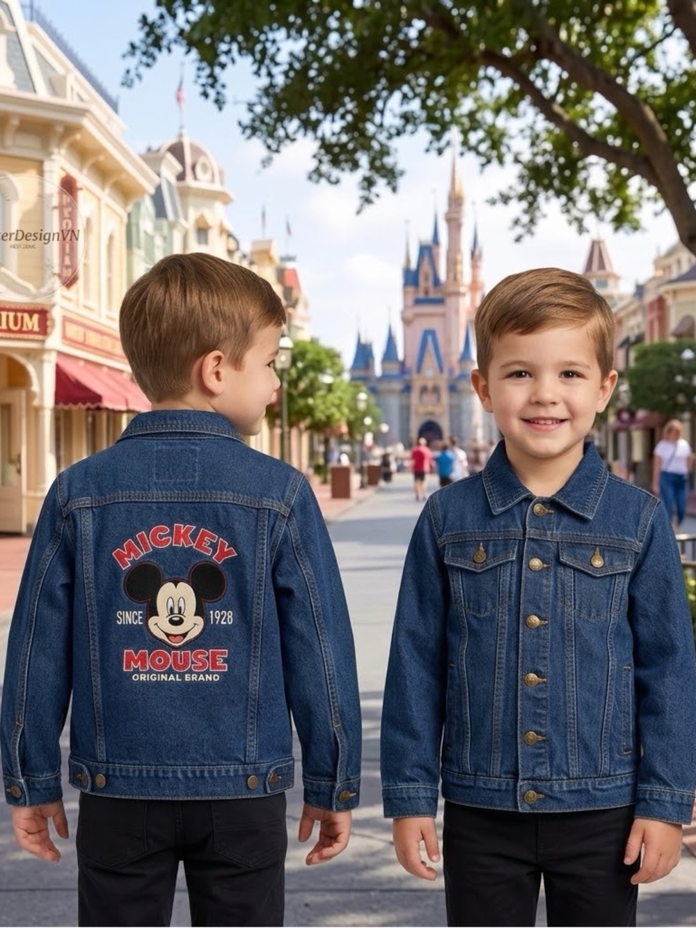 Disney Mickey Mouse Denim JEAN Jacket LARGE Patch Sz 7/8